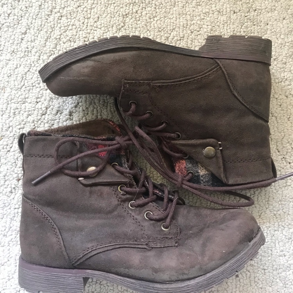 brown and plaid combat boots